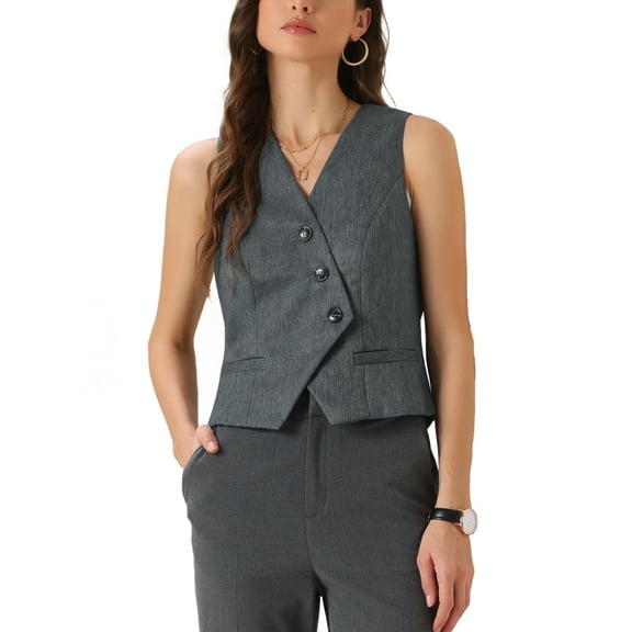 INSPIRE CHIC Women's Dressy Office V-Neck Button-Down Sleeveless Cropped Vest XS Gray