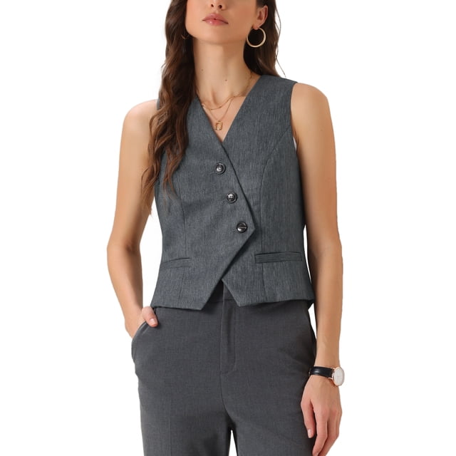 INSPIRAR CHIC Vestido de Oficina para Mujeres con Cuello en V, Botones, Sin Mangas, Chaleco Corto, Color Gris