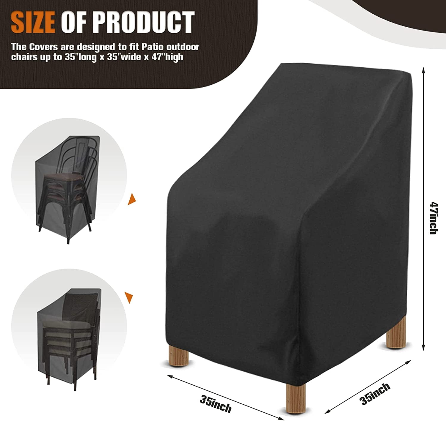 Stackable Patio Chair Cover Outdoor Chair Covers 35x35 Inch Waterproof Durable Outdoor Furniture Cover Stackable Patio Chairs Highback Chair Cover Protector Black (35x35-2 Pack)