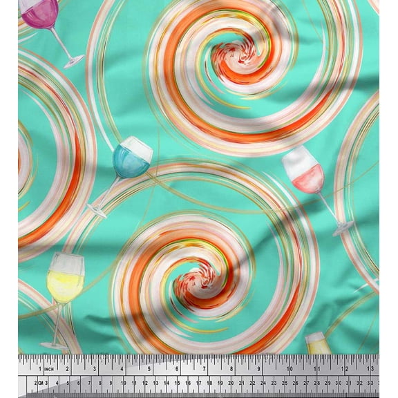 Soimoi Crepe Silk Fabric Spiral & Wine Glass Bar Printed Fabric 1 Yard 42 Inch Wide