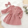 thumbnail image 4 of Toddler Baby Girl Fall Spring Dress Corduroy High-Waist Ruffle Buttons Princess Dress With Bow Headband, 4 of 7