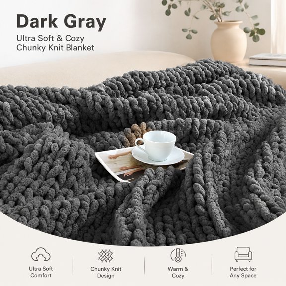 Chunky Knit Chenille Throw Blanket, Soft Cozy Hand Knit Sofa Throw for Home Decor, Dark Gray 51"x63