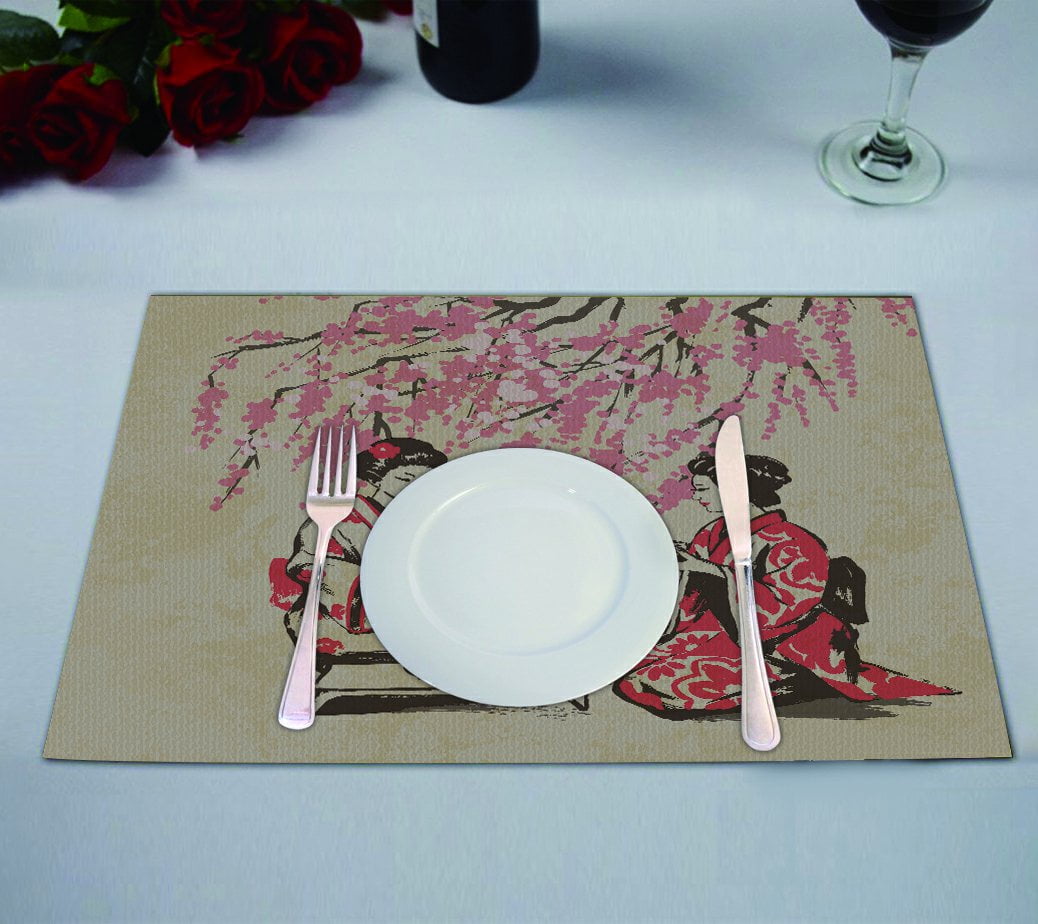 GCKG Asian Placemat, Japanese Lady Wearing Kimono with Cherry Blossom Tree Placemat 12x18 Inch