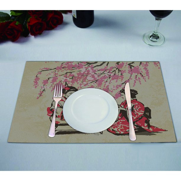 GCKG Asian Placemat, Japanese Lady Wearing Kimono with Cherry Blossom