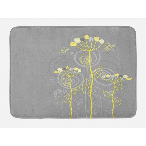 Grey and Yellow Bath Mat, Under the Sea Inspired Flowers Abstract