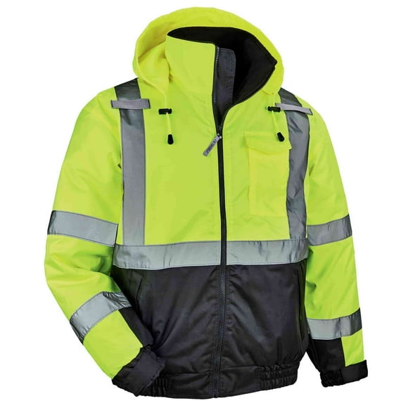 High Visibility Reflective Winter Bomber Jacket, Black Bottom, ANSI Compliant, Ergodyne GloWear 8377, Lime, Large
