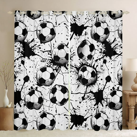 Feelyou Boys Football Print Black Out Curtains, Sport Soccer Player Curtains Pack of 2 (42x63 Each), Cartoon Watercolor Splash Bedroom Curtains, Blackout Curtains Room Decor