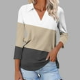 thumbnail image 2 of Fashion Olyvenn Women's 3/4 Sleeves V Neck Button Collared Shirts Basic Cute Tunic Tees Dressy Casual Color Block Tops Blouses Work Shirts Khaki 20-22, 2 of 5