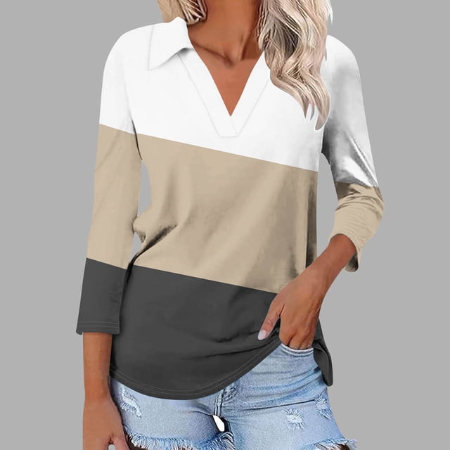 aidice Womens 3/4 Sleeve Shirts V Neck Loose Lapel Tops Spring Summer Casual Soft Comfy T Shirts Colorblocks