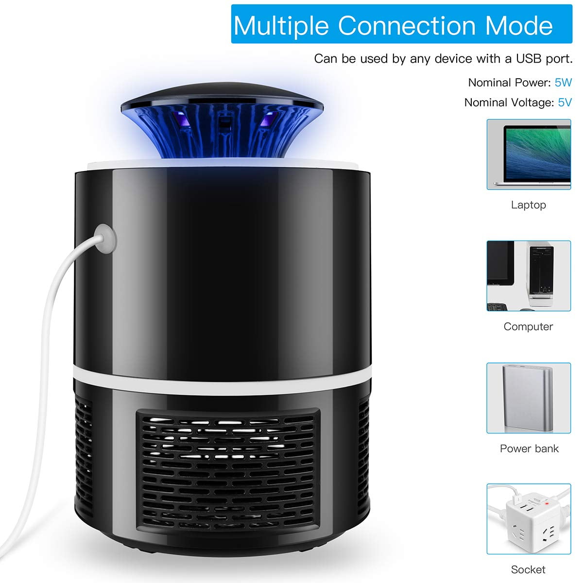 Mosquito Trap, Indoor USB Powered Bug Zapper Fly Trapper Electric Insect Catcher with Smart Sensor for Fruit Fly, Mosquito