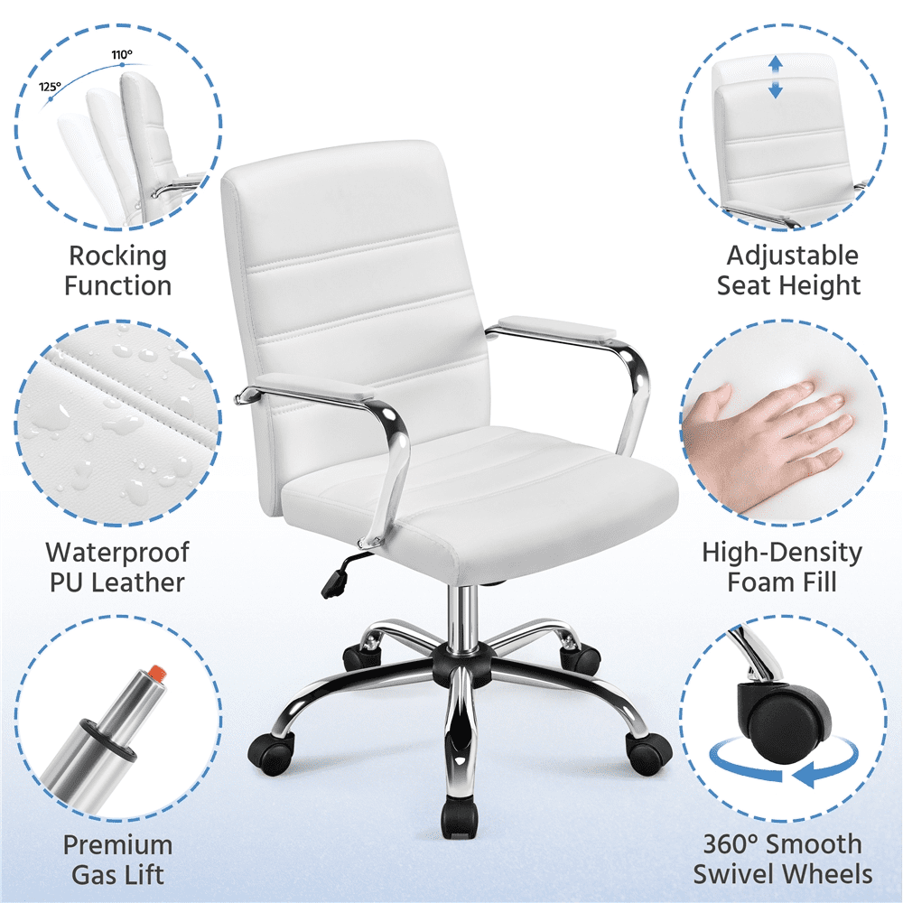 Alden Design Adjustable Swivel Faux Leather Office Chair Mid-Back for Home Office, White