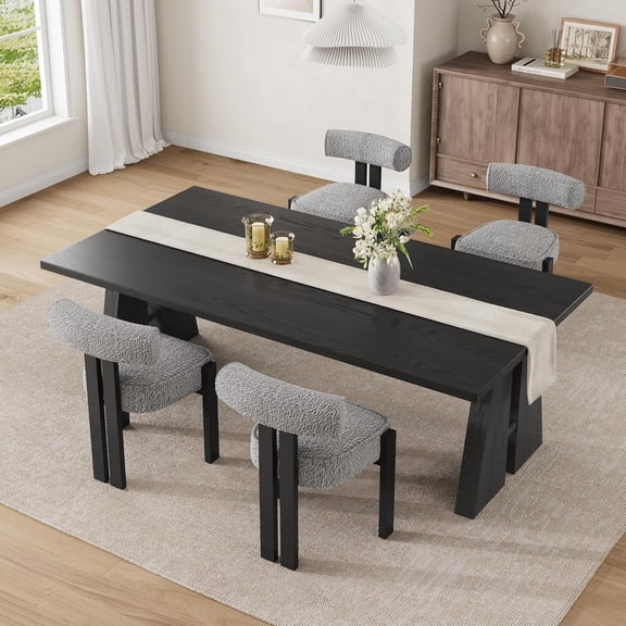 Upholstered Dining Chairs Set of 4,Modern Boucle Dining Room Chairs with Ergonomic Curved Back, Comfortable Kitchen Chairs with Rubber Wood Legs for Dining Room or Living Room,Black Set of 4