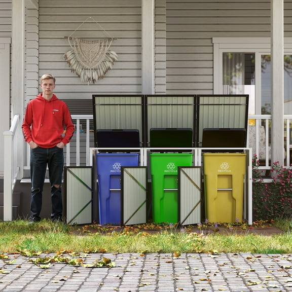 Outdoor Trash Can Storage Shed, 120 Cu.Ft Metal Garbage Bin Storage Shed with Lockable Doors, Waterproof Horizontal Storage Cabinet for 3 Trash Bins, Dark Grey
