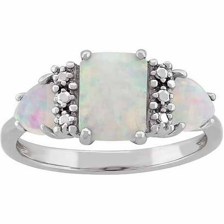 Opal Sterling Silver Side Trillions and Emerald-Cut Center Three-Stone Ring