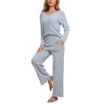 thumbnail image 4 of INSPIRAR CHIC Conjunto de Pijamas de Mujer de Punto Acanalado con Cuello en V y Manga Larga con Pantalones Ropa de Dormir Casual Talla XL Azul, 4 of 6