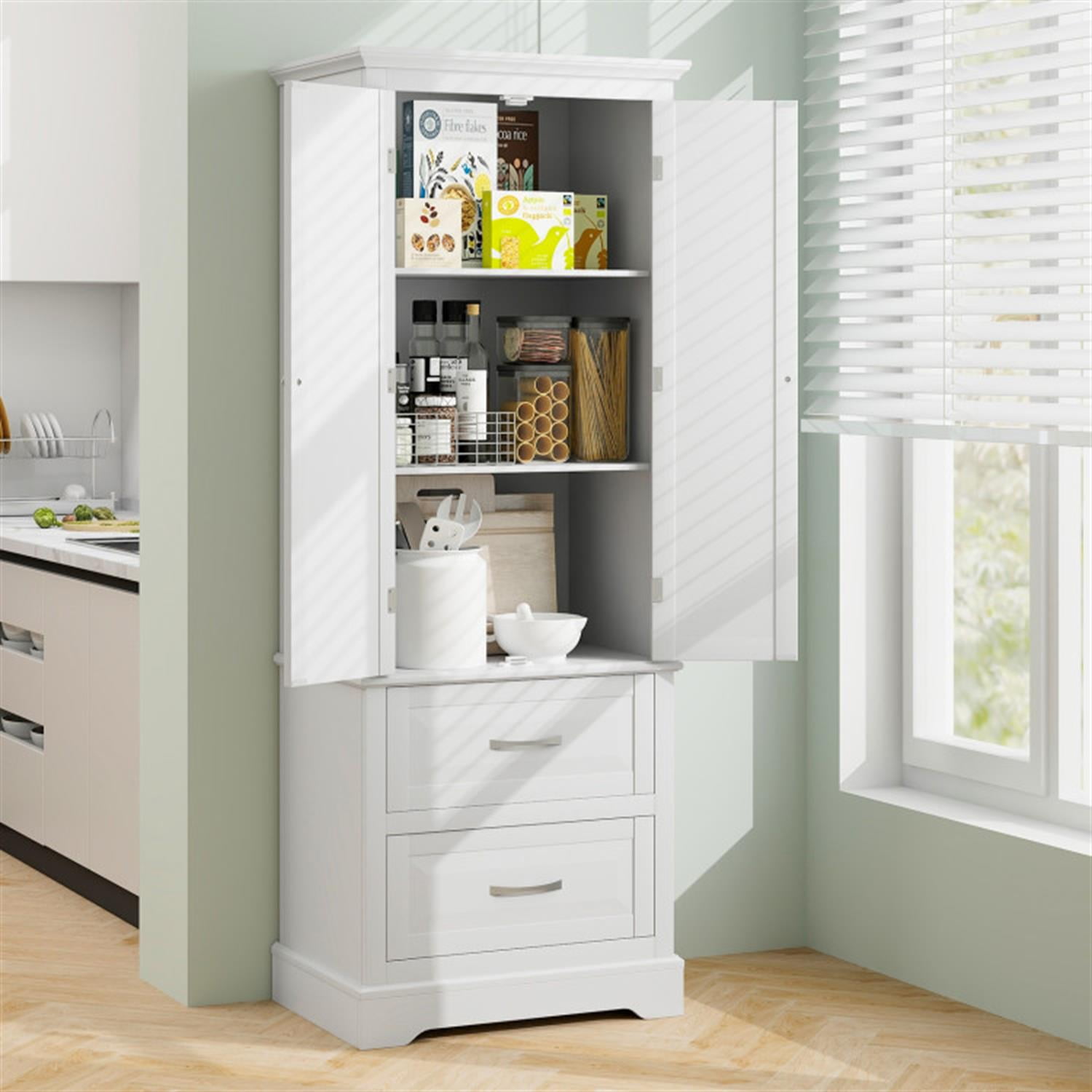 Demi Bonn 62" Tall Corner Cabinet Freestanding Bathroom Cabinet with Adjustable Shelves and 2 Drawers, Corner Cabinet for Bathroom, Kitchen, Living Room, White