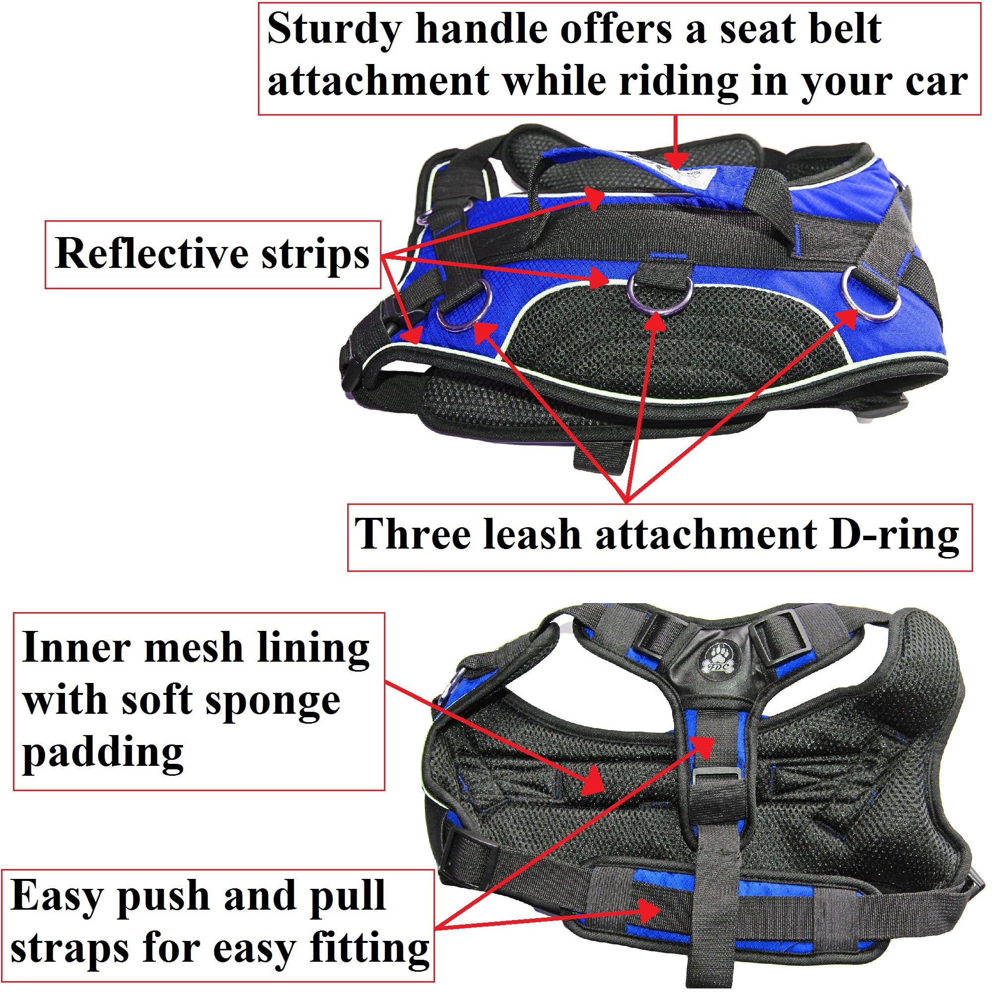 Durable Heavy Duty Padded No-Pull Dog Harness Handle Reflective Blue Sz Medium (chest 18" - 22")