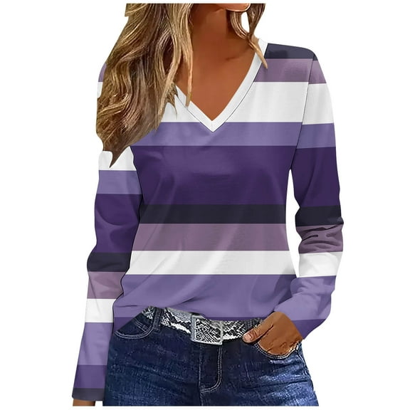 ZHYou Womens Color Block Striped V-Neck Top Long Sleeve Casual Multi-Color Variety T-Shirt,Sizes:S,M,L,XL,2XL