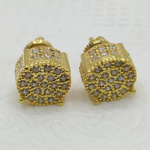 Men's 14K Gold Plated Sterling Silver Round Shaped Nugget Diamond Cut Stud Earrings, Screw Back, 14K Yellow Gold Plated