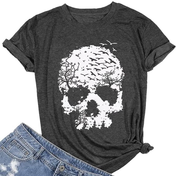 Summer Tops for Women Crew Neck Skull Print Casual T Shirts Spring Fashion Short Sleeve Beach Vacation Tees