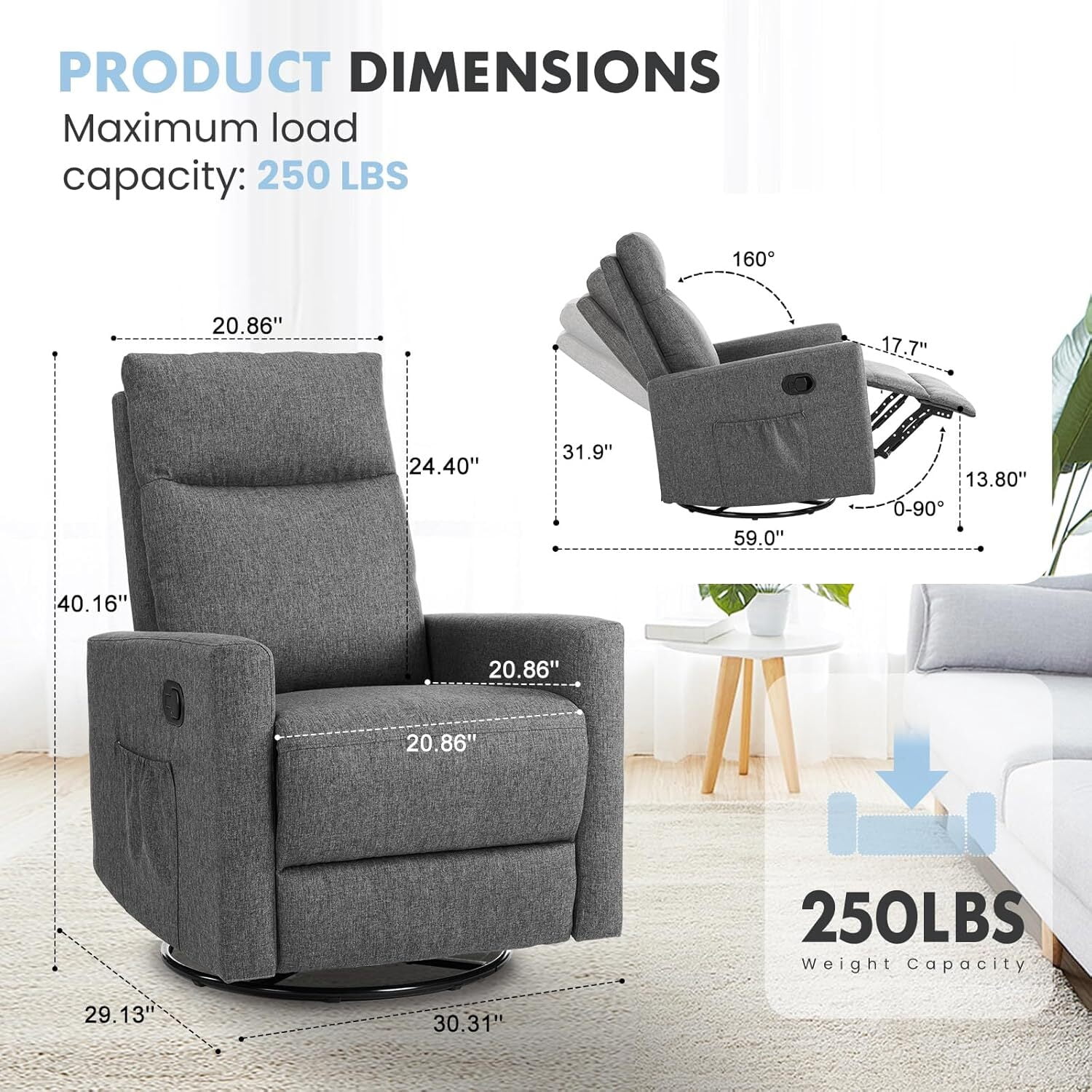 AENKYO Recliner Chair Swivel Rocking for Living Room, Glider Rocker with Extra Large Footrest - Gray