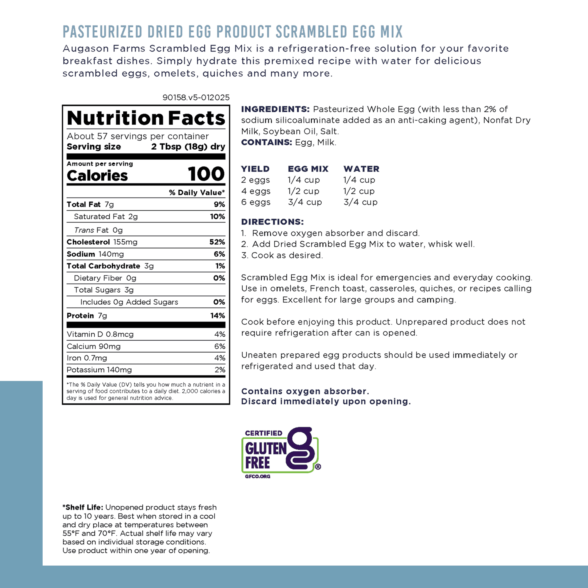 Pasteurized Dried Scrambled Egg Mix Emergency Food Supply, 57 Servings, 10 Year Shelf Life, 7g Protein per Serving - Dry Whole Egg Powder Blend, Ingredient for Baking and Cooking