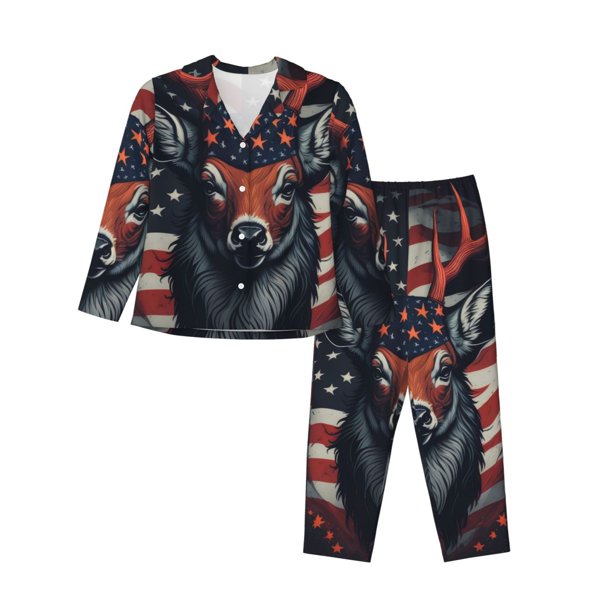 Balery Modern USA Deer Head Conjunto de Pijama con Estampado para Mujer, Conjunto de Dos Piezas con Manga Larga, Ropa de Dormir Suave con Bolsillos, Pijamas Cómodos-XX-Large