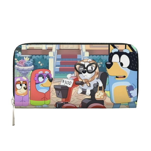 Kowoue Bluey Pattern Genuine Leather Long Wallet Card holder Wallet with Coin Pocket Wristlet Clutch Wallet Purse