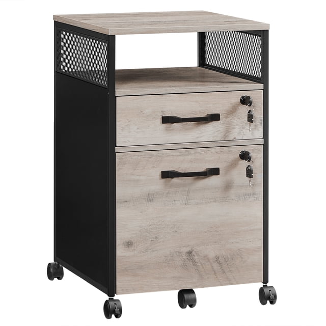 Archivador Móvil con 2 Cajones, Archivador de Oficina con Ruedas, 44 x 42 x 69 cm, Compartimento Abierto, Greige y Negro 