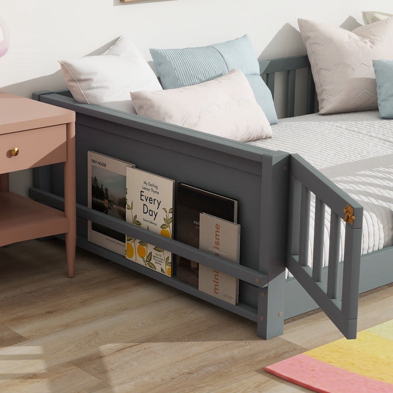Mirightone Twin Size Floor Bed with Rails and Door, Wood Montessori Floor Bed with Storage Bookcase,&nbsp;Montessori Bed Frame with Fence, Grey