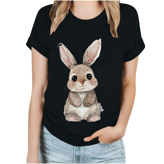 ZQUUVOU Easter Shirts For Women Funny Bunny Print Short Sleeve T Shirt For Easter Day Tops A-Black