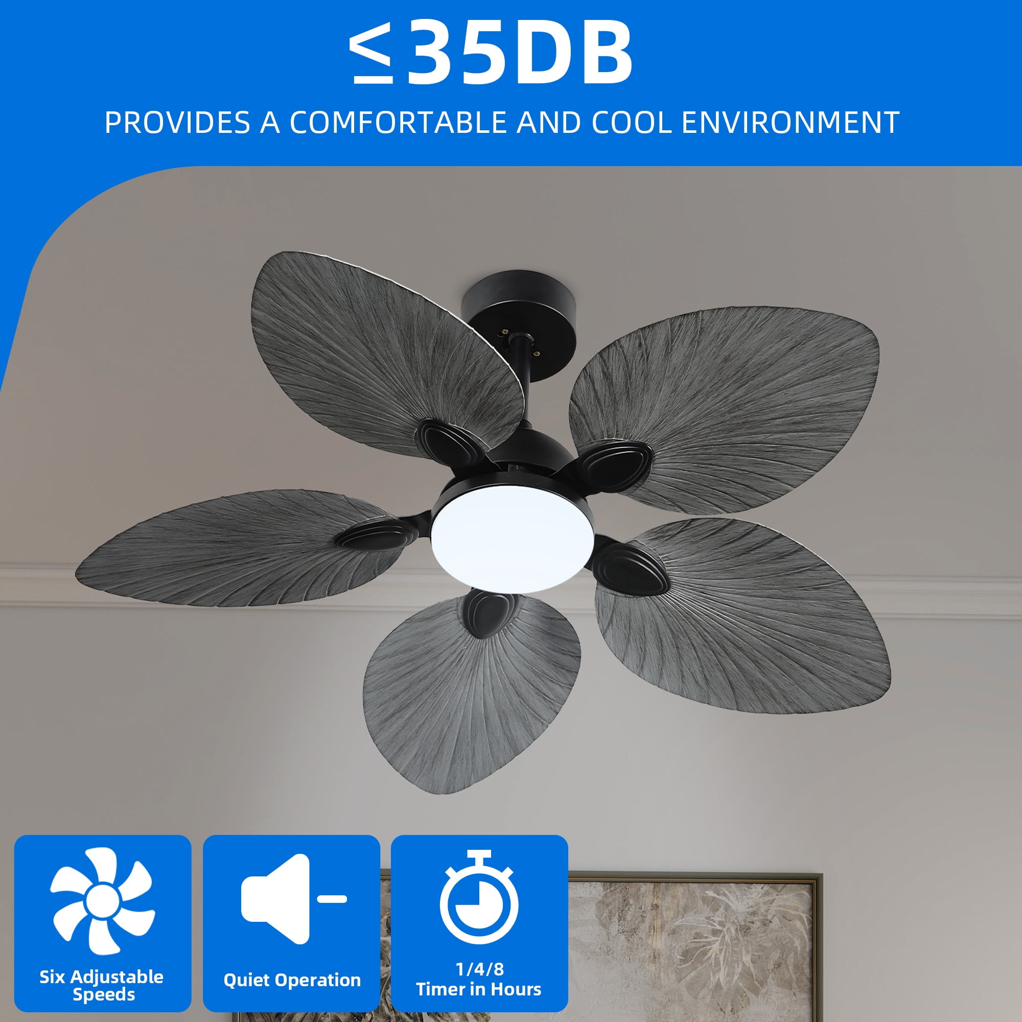 Dextrus 42 inch Tropical Ceiling Fans with LED Light and Remote, Fan Light with Memory Function, 6 Speed & Lights Colors Changing, 5 blades - Gray