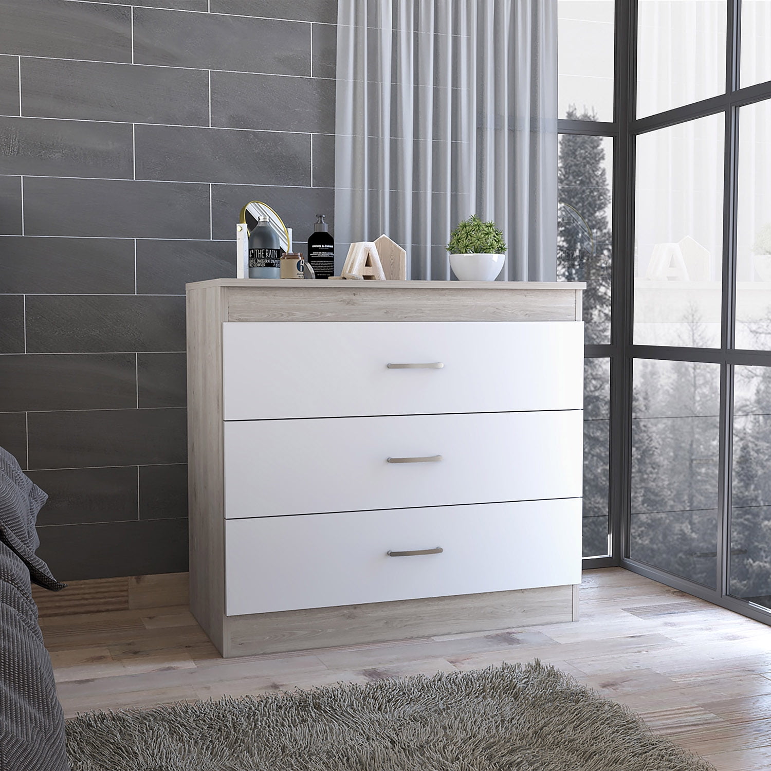 Kadyn Three Drawer Dresser, Chest of Drawers with Metal Hardware, Storage Cabinet for Bedroom, White Nightstand Kadyn Three Drawer Dresser, Chest of Drawers with Metal Hardware, Storage Cabinet for Bedroom, White Nightstand
