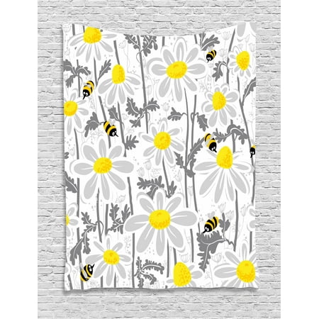 Grey Tapestry, Daisy Flowers with Bees in Spring Time Honey Petals Floret Nature Purity Blooming, Wall Hanging for Bedroom Living Room Dorm Decor, Yellow White, by