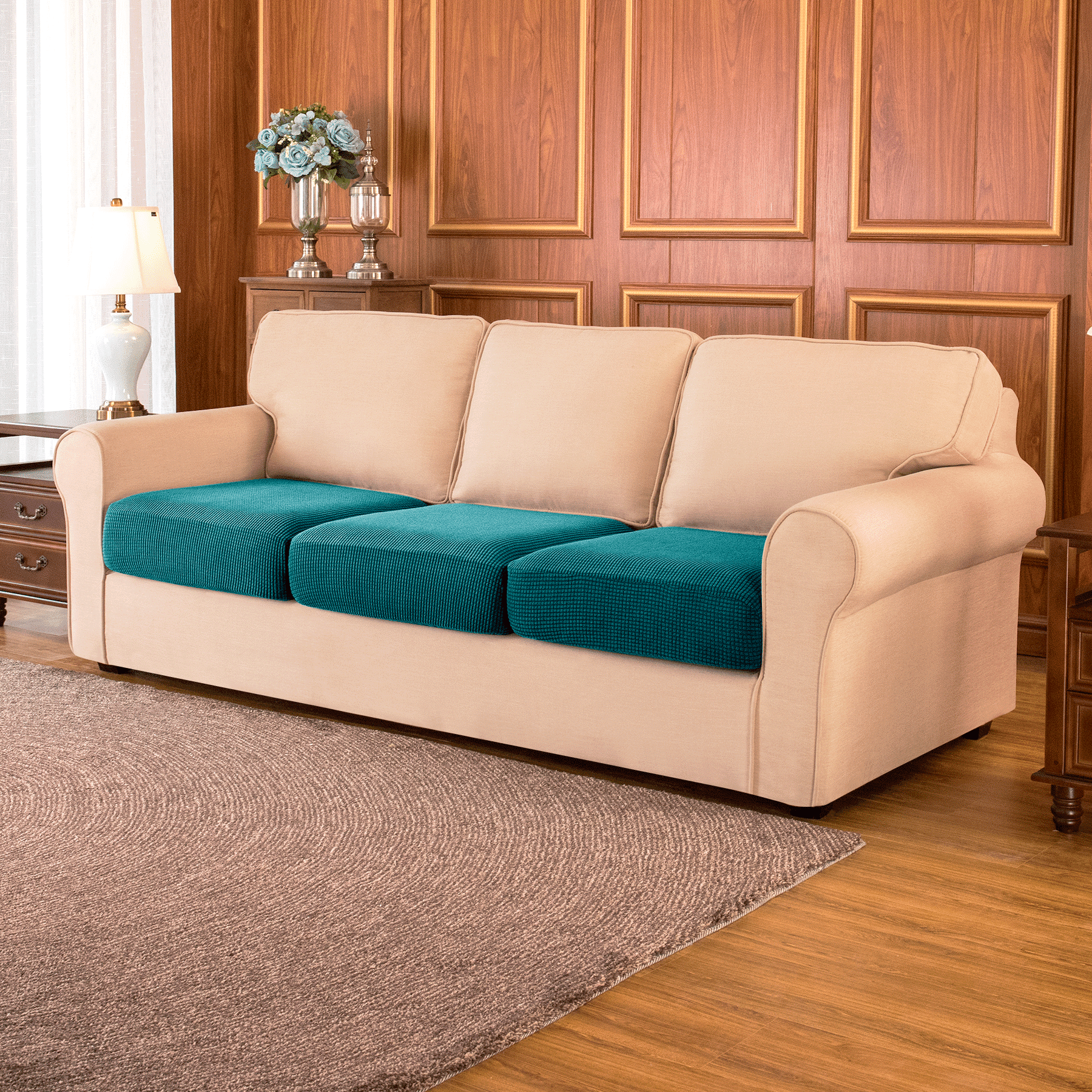 Subrtex Cushion Covers Separate Seat Stretch Textured Grid (3PCS, Teal)