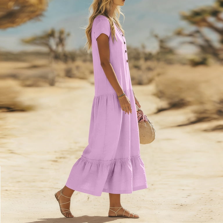 short sleeve midi linen dress women Calf Length Linen Dress, Short Sleeve Linen Summer Dress, Pleated Flare Midi Dress, Plus Size Dress, Short Sleeved Fall Dress for Women