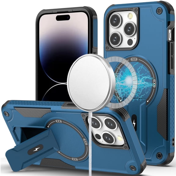 Designed for Apple iPhone 15 Pro Max (6.7") Magnetic Invisible Kickstand Holder with Magsafe, Slim Fit Shockproof Hybrid Military Grade Heavy Duty Phone Case Cover [Blue]