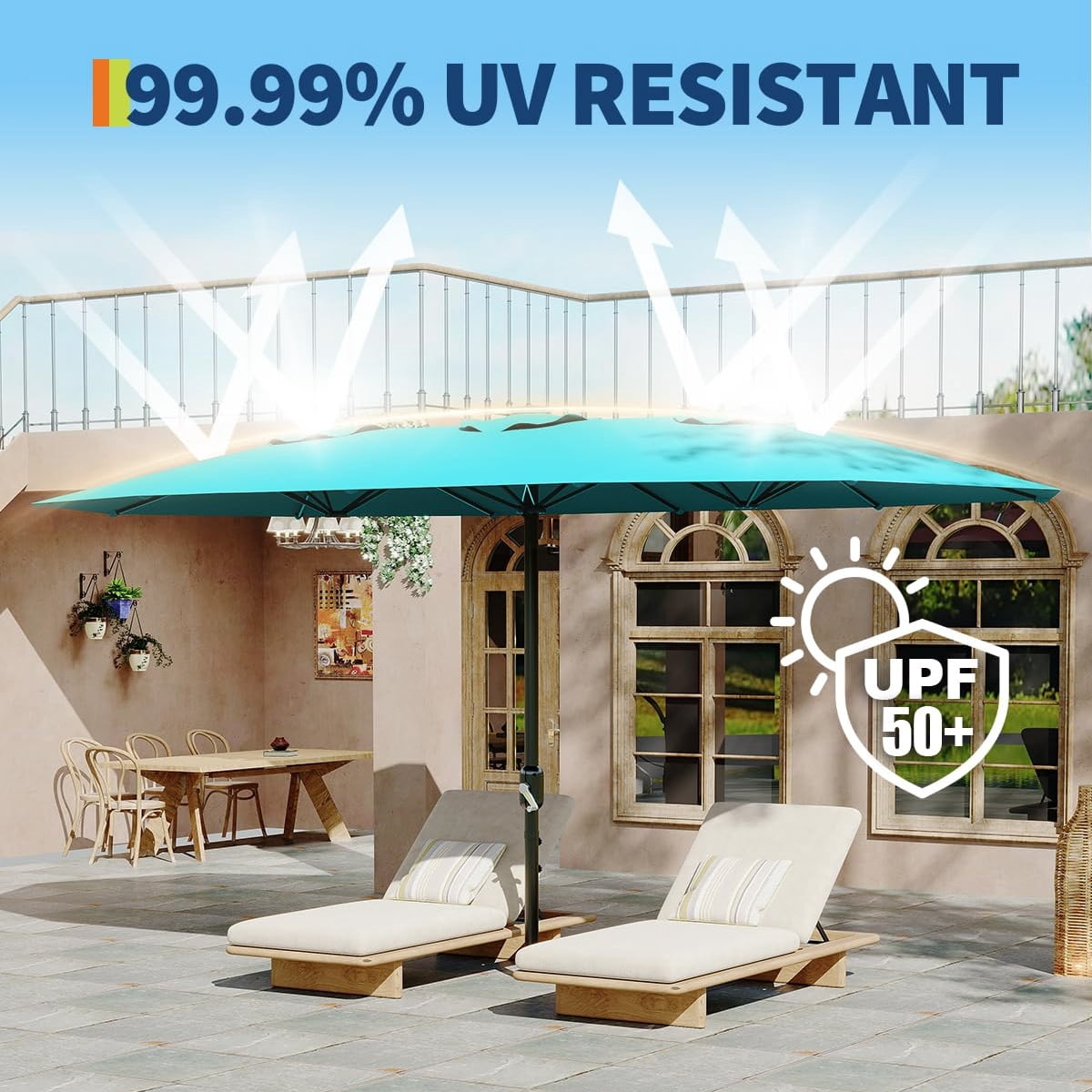 WildBreak Triple Size Large Patio Umbrella, with Crank Handle, Double-Sided, 13' x 6.5', Green