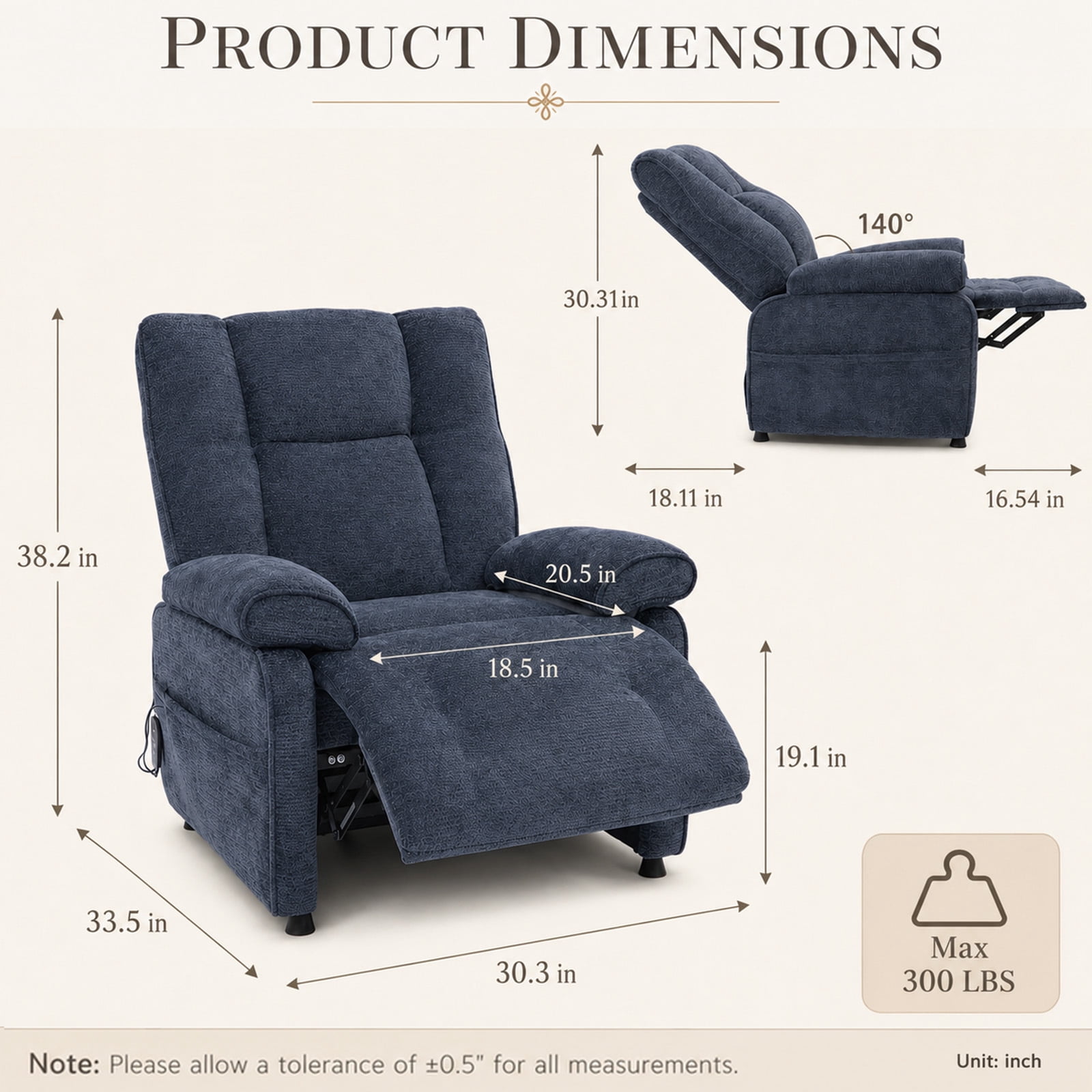 Leumius Recliner Chair, Ergonomic Tufted Cushion Single Recliner with Chenille Fabric, Side Storage Pocket, Anti-Slip Wooden Legs, 300lbs Capacity for Living Room Bedroom Gaming Lounge,Blue