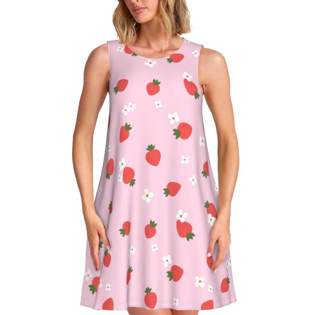 Balery Strawberry Floral Vestidos de verano para mujer con estampado: vestido holgado sin mangas, vestido playero informal y cómodo para días calurosos.