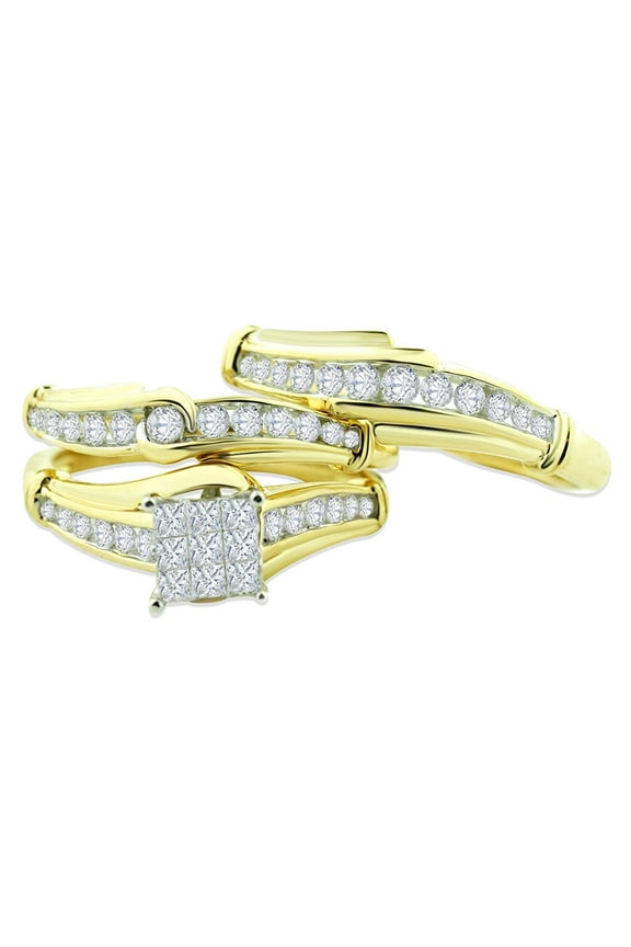 14K Gold Trio Rings Set His and Her Rings Set 1.00ctw Diamonds Princess Cuts and Round Mens and Womens 3pc Set