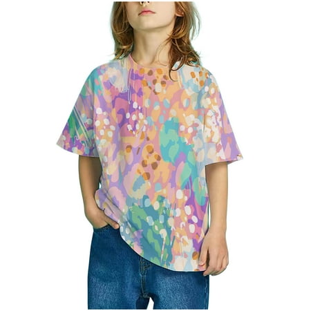 

Herrnalise Girls Short Sleeve Gradient Print Tops Child Crewneck Summer Casual Loose Tshirt