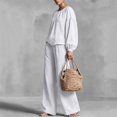 thumbnail image 5 of Mifsaly 2 Piece Linen Set for Women Crewneck Balloon Sleeve Tops and Lounge Trousers Trendy Going Out Travel Airport Vacation Matching Outfits, 5 of 6