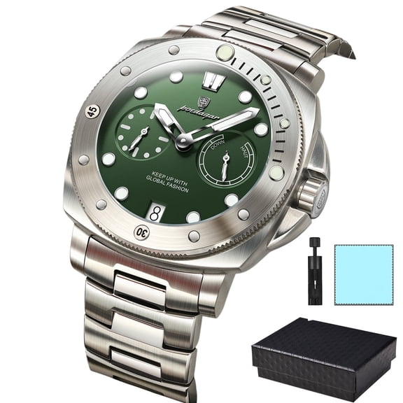POEDAGAR Mens Stainless Steel Diver Wrist Watch Luminous Multi Dial Quartz Watch with Date Display Gift Box