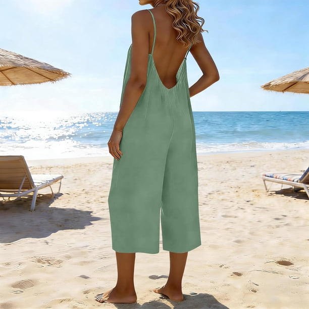 TaTaai Women's Summer Evening Jumpsuit Sleeveless Adjustable Straps Low Back Design Cropped Wide Leg 7/8 Length with Pockets Casual One Piece for Special Occasions Gift