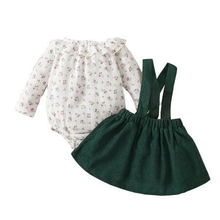 

Kucnuzki 9 Months Baby Girls Skirt Sets 12 Long Sleeve Lotus Leaf Layer Floral Prints Romper Tops Supsender Flowing Skirt 2PCS Set Green