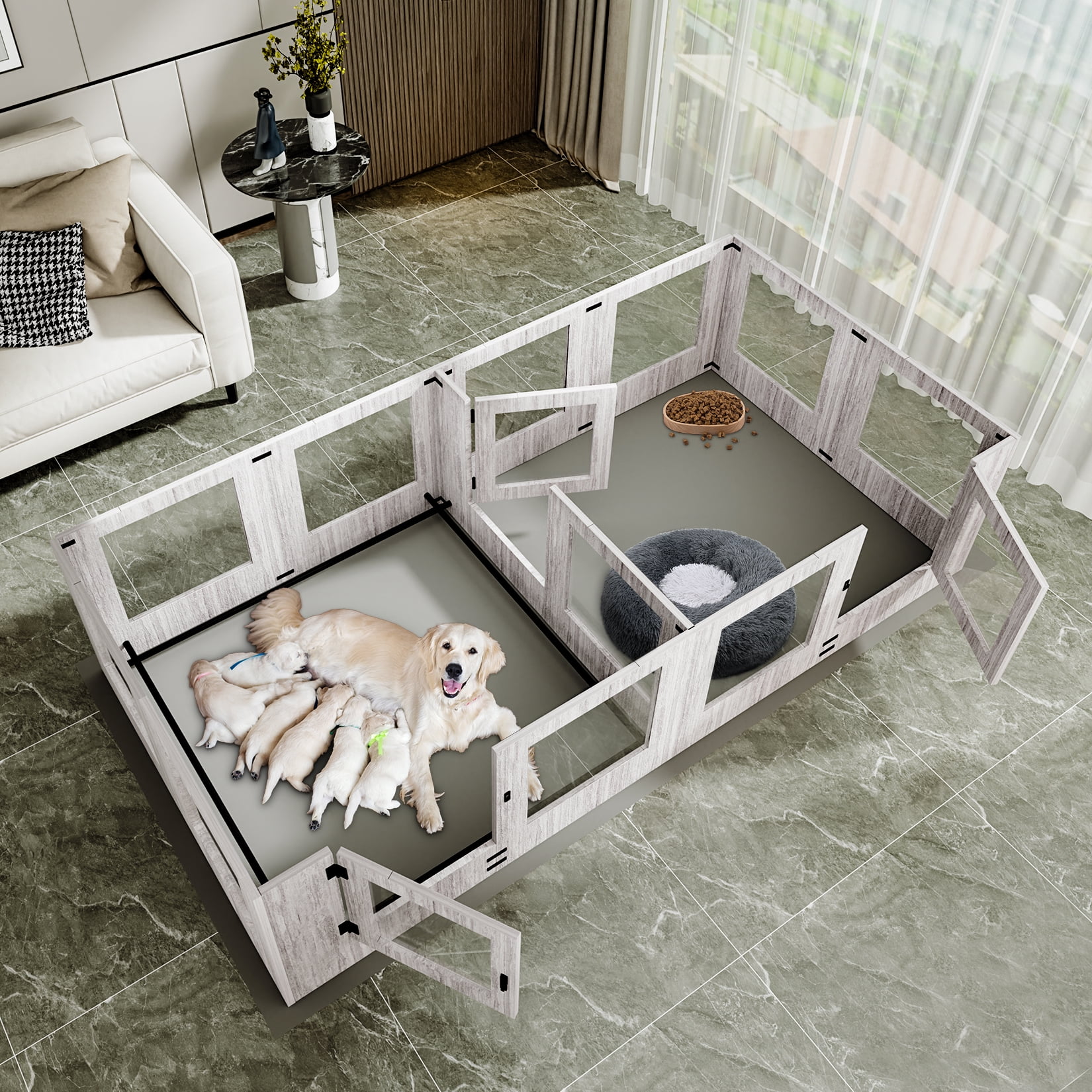 BingoPaw Large Wooden Dog Whelping Box Playpen with Waterproof Fertility Pad, Clear Acrylic Window for Small Medium Dogs