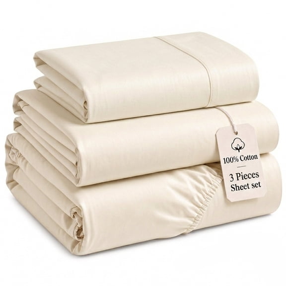 Linnene 3 Piece Twin Sheets Set, 100% Long-Staple Cotton, Soft, Smooth & Silky Sateen, Fits up to 18", All Season Use (Ivory)