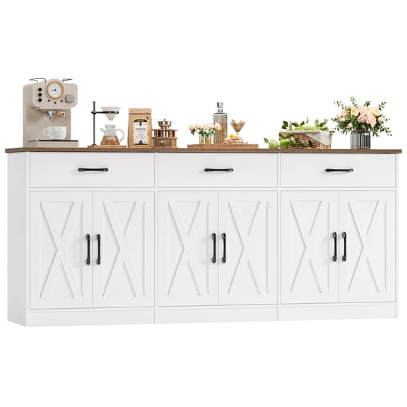 Homfa Buffet Cabinet with 3 Drawers and 6 Doors, 70.8" W Kitchen Sideboard Storage Cabinet, Farmhouse Coffee Bar Cabinet for Dining Room, White & Brown