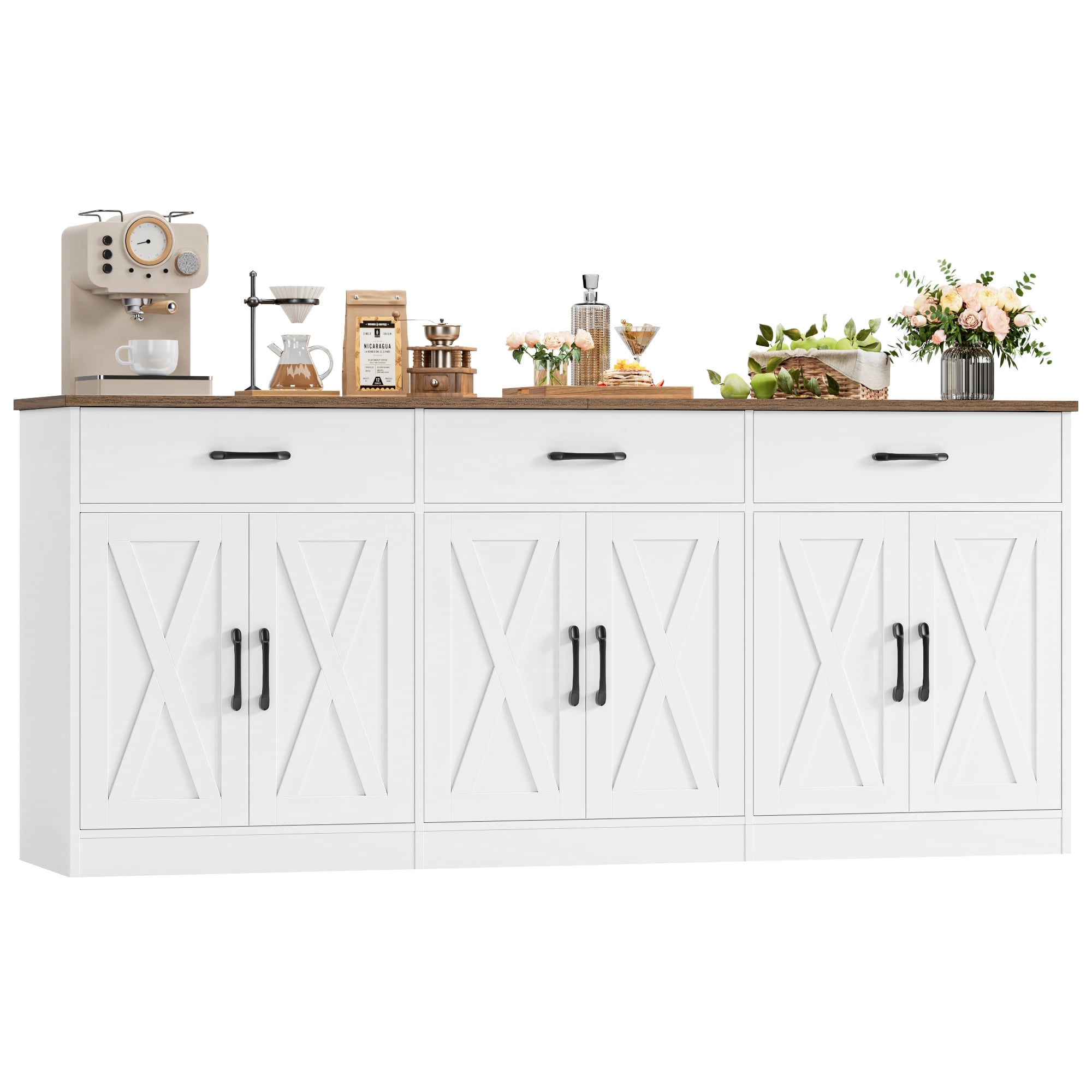 Homfa Buffet Cabinet with 3 Drawers and 6 Doors, 70.8" W Kitchen Sideboard Storage Cabinet, Farmhouse Coffee Bar Cabinet for Dining Room, White & Brown